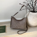 Brown faux suede tote bag with woven metal chain strap in minimalist vintage style - Grey Without Pendant
