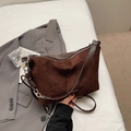 Dark brown suede crossbody tote bag with silver chain and minimalist retro aesthetic - Brown