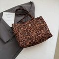 Large leopard print tote bag with bear embroidery and long shoulder straps for women - Leopard Brown