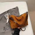 Vintage brown suede tote bag with dark coffee leather trim and silver chain strap - Brown