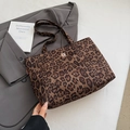 Large capacity leopard print tote bag featuring a cute cartoon bear badge and red label - Leopard Coffee