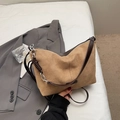 Minimalist khaki suede half-moon shoulder bag with dark brown leather trim and chain strap - Khaki