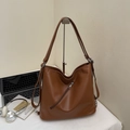 Minimalist brown large capacity vintage PU leather tote bag with functional diagonal zipper - Tan