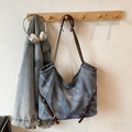 Retro grey-blue canvas tote bag with brown leather straps and large capacity - Blue Without Charm
