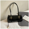 Bolso baguette negro brillante de hombro con correas finas y detalles dorados - Negro