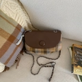 Retro plaid wool saddle bag with brown leather flap and stylish metal chain strap - Brown
