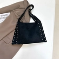 Retro schwarze Wildleder-Hobo-Tasche mit goldenen Nieten und Ösen an den Trägern - Schwarz