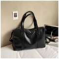 Large black minimalist leather tote bag with top handles and adjustable shoulder strap - No Pendant / Black