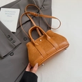Brown leather and suede patchwork handbag with adjustable strap and silver studs - Brown