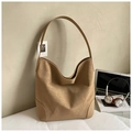Detail of a large khaki matte tote bag in a minimalist hobo silhouette for daily use - Khaki