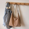 Light brown minimalist large capacity tote bag with chic white logo and silver hardware - Khaki