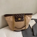 Light brown suede and quilted leather large tote bag with chain strap and gold lock - Khaki (Without Charm)