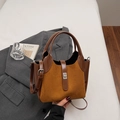 Brown vintage minimalist bucket bag with suede and leather patchwork for women - Brown No Pendant