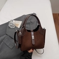 Dark brown suede bucket bag with leather stitching and silver clasp for women - Coffee No Charm