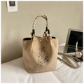 Beige faux suède bucket bag met strikborduursel en geweven handvatten voor dames - Kaki (Geen Hanger)