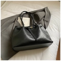 Classic large black suede tote bag with golden buckle and round handles for work - Black without Pendant