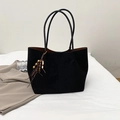 Large black suede tote bag with bohemian wooden beads and smooth brown lining - Black With Pendant