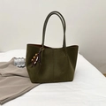 Olive green suede tote bag with bohemian beaded tassel decoration and long handles - Green with Charm