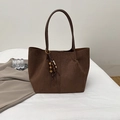 Brown suede tote bag with retro wooden beads and a spacious casual shoulder design - Coffee With Pendant