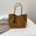 Brown suede tote bag for women with wooden bead tassels and long shoulder straps - Brown with Pendant