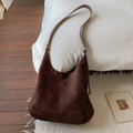 Large dark brown suede tote bag with adjustable strap in a cozy interior setting - Coffee (No Pendant)