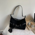 Minimalist black matte shoulder bag with silver hardware and dual straps for women - Black