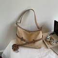 Beige suede tote bag with brown leather straps and silver hardware for office commute - Khaki