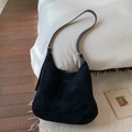 Fashionable black large capacity suede hobo tote bag for daily commute and casual styling - Black (Without Charm)