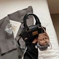 Mini black litchi pattern Boston bag with golden hardware and cute dog charm pendant - With Charm / Black