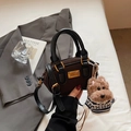 Vintage dark brown matte mini Boston bag with black handles and teddy bear pendant - With Charm / Brown