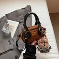 Vintage frosted Boston handbag in brown and black contrast with a cute plush dog charm - With Charm / Brown
