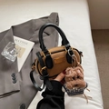 Mocha brown frosted Boston bag with black handles and a cute plush puppy pendant - With Charm / Khaki