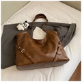 Brown large-capacity PU leather tote bag with side buckles and white plush puppy charm - Brown with Pendant