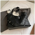 Black large leather tote bag with silver hardware and a white plush charm detail - Black with Pendant