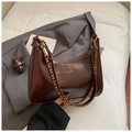 Deep brown glossy underarm bag with gold chain strap and vintage oil wax leather texture - Brown