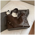Brown vintage large capacity faux leather tote bag with silver decorative buckles - Coffee with Pendant