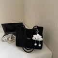 Bolso tote grande de cuero negro con asas trenzadas y colgante de nube blanca - Negro