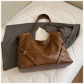 Large caramel brown faux leather tote bag with vintage metal buckles for daily commuting - Brown No Pendant