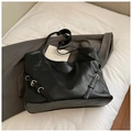 Large black minimalist tote bag with vintage leather texture and silver buckle accents - Black without Pendant