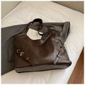 Large dark brown tote bag in matte faux leather with decorative side metal buckles - Coffee without Pendant
