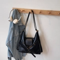 Minimalist black PU leather tote bag with embossed fashion text and metal ring detail - Black without Pendant