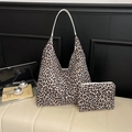 Chic leopard print hobo tote bag and zipper pouch set with white leather shoulder strap - Off White