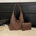 Leopard print canvas tote bag set with matching small zipper pouch and brown leather straps - Brown