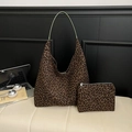 Leopard print tote bag and matching mini pouch set with canvas texture and slim handles - Brown
