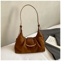Vintage braune Schultertasche aus Wildleder mit goldener Metallschnalle und Faltenlook - Braun