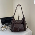 Vintage dark brown PU leather tote bag with contrast stitching and front pocket - No Pendant / Coffee