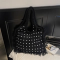 Bolso tote negro de punto con perlas y flecos largos, bolso de hombro grande - Negro