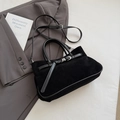Minimalist black matte baguette bag with silver buckle and adjustable shoulder strap - Black