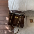 Quilted dark brown bucket bag with gold chain strap and suede contrast finish - Coffee Small