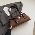 Vintage donkerbruine Boston tas van suède en leer patchwork met zilveren gesp - Bruin